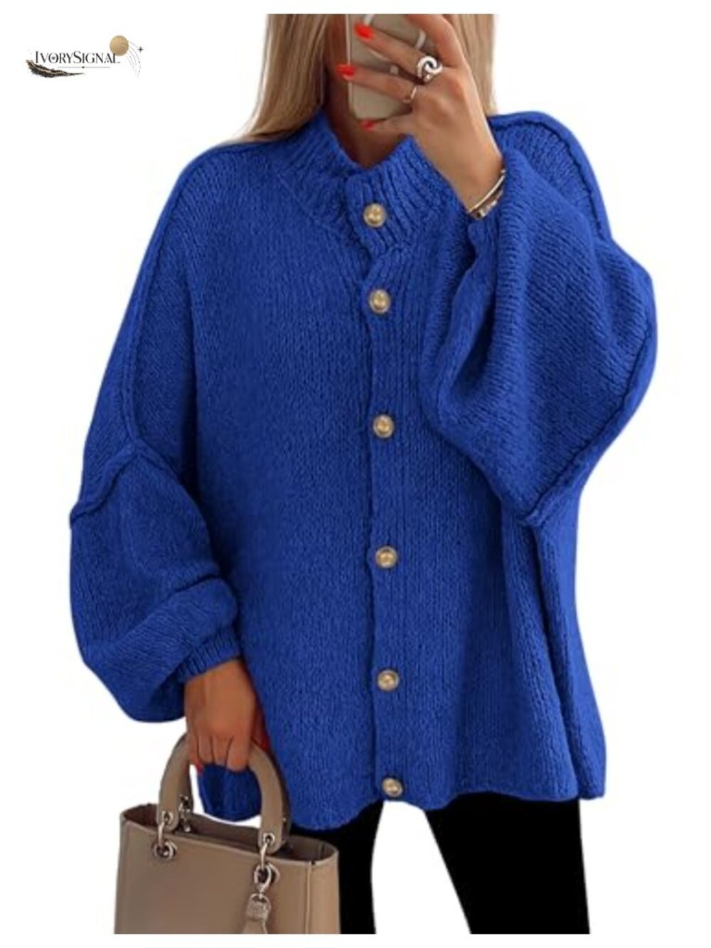Oversized Chunky Knit Button Down Cardigan Sweater Mock Neck Lantern Sleeve